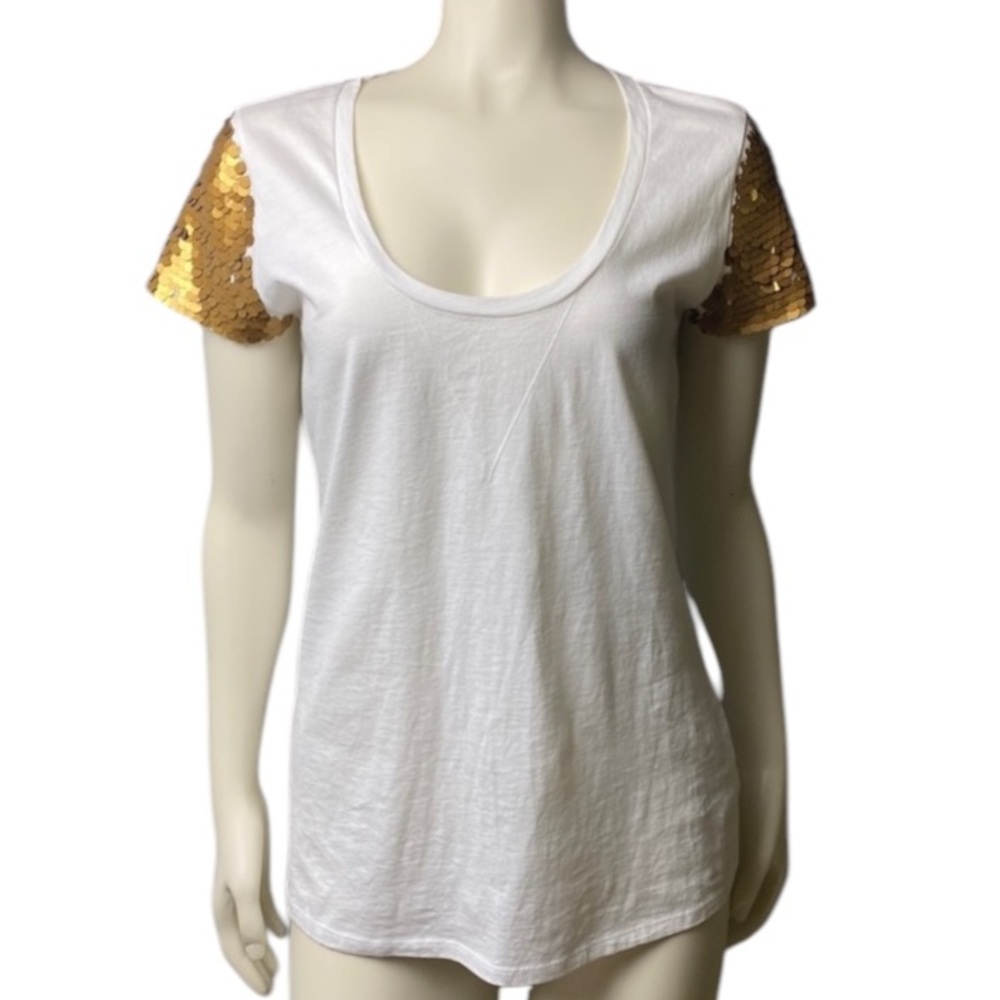 Gap Chic White Top with Gold Sequin Short Sleeves Size Medium